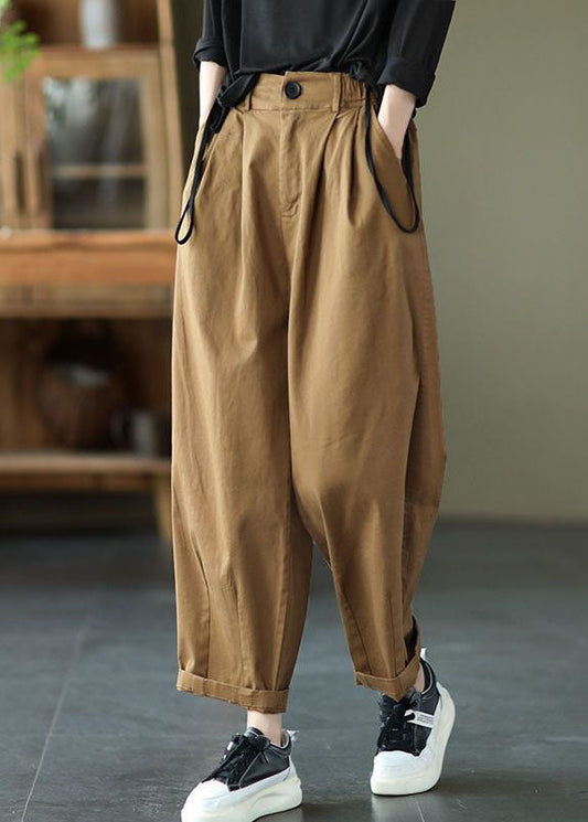 Dark Khaki Pockets Patchwork Cotton Pants Summer