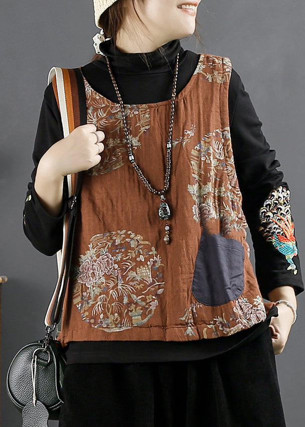 Orange O Neck Print Pockets Thick Waistcoat Sleeveless