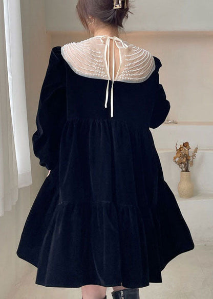 Black O-neck Nail Bead Velour Vacation Dress Spring