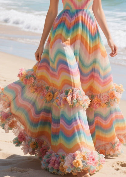Rainbow Striped Three-dimensional Flower Chiffon Long Dress Summer