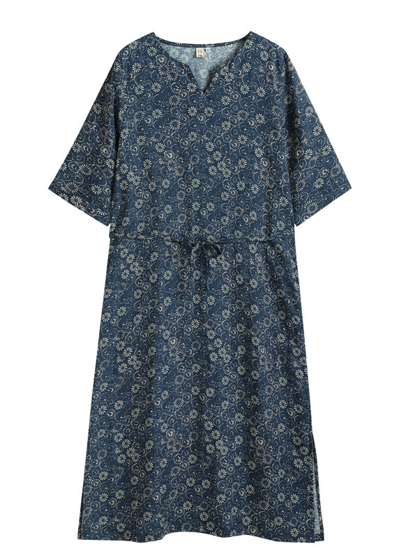 Unique Navy V Neck Print Tie Waist Linen Dresses Half Sleeve