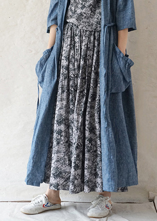 Grey Elastic Waist Drawstring Print Cotton Skirts Spring