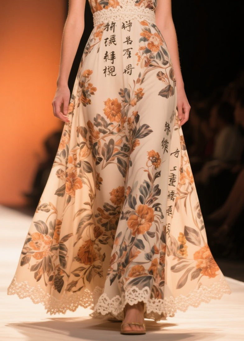 Khaki Print Patchwork Lace Chiffon Long Dresses Summer