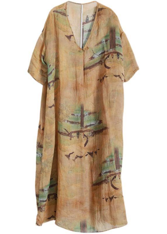 Diy Yellow Print Linen Oversize Summer Long Dress