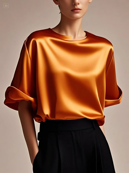 Fitted Pink Patchwork Silk Top Summer Short Sleeve