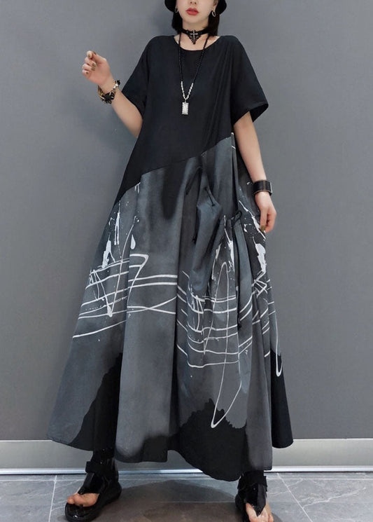 Italian Black Asymmetrical Drawstring Print Patchwork Ankle Dress Spring