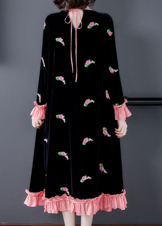 French Black Embroideried Velour Dress Spring