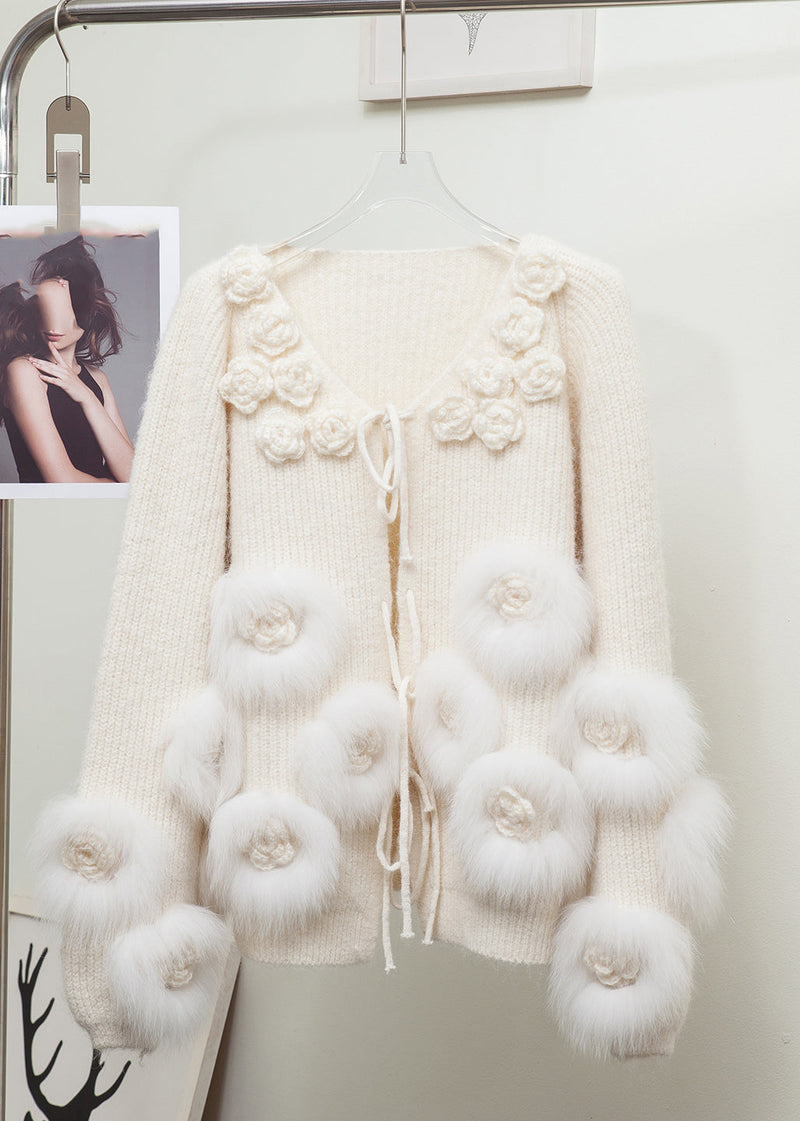 Lantern Red V Neck Tie Waist Mink Hair Knitted Cardigan Long Sleeve