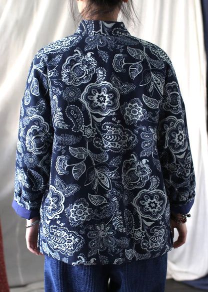 Blue Stand Collar Print Fine Cotton Filled Jackets Spring