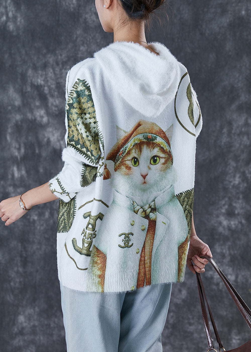 White Hooded Cat Print Mink Hair Knitted Sweaters Winter
