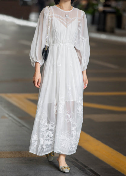 New White Lace Embroidered Lace Up Chiffon Long Dress Spring