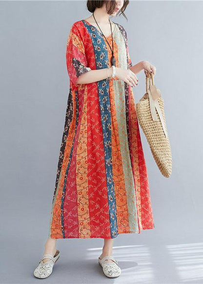 Natural Colorblock Print O-neck Summer Maxi Dresses Half Sleeve