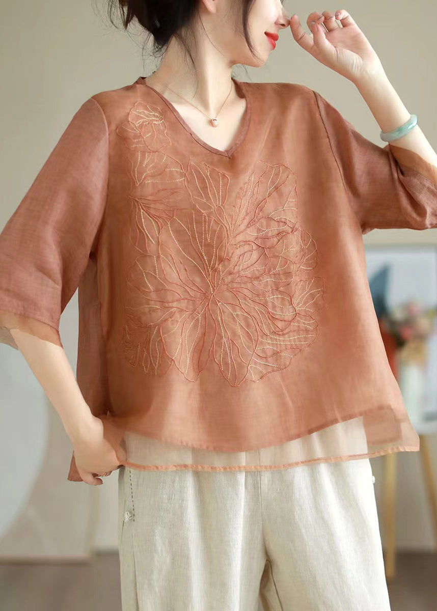 Orange V Neck Embroidered Organza Patchwork Linen Tops Summer