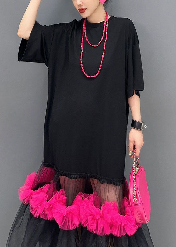 Classy Black O-neck Tulle Patchwork Long T Shirts Dress Half Sleeve