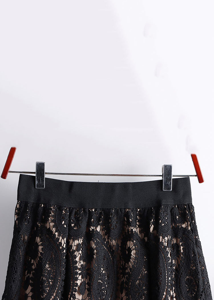 Black Hollow Out Elastic Waist Lace Skirts Spring