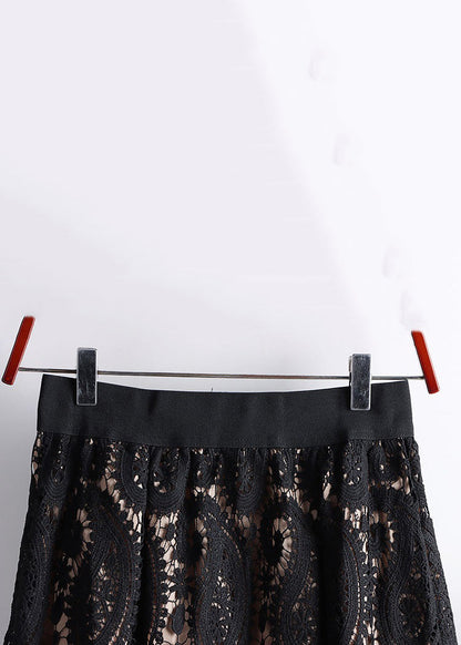 Black Hollow Out Elastic Waist Lace Skirts Spring