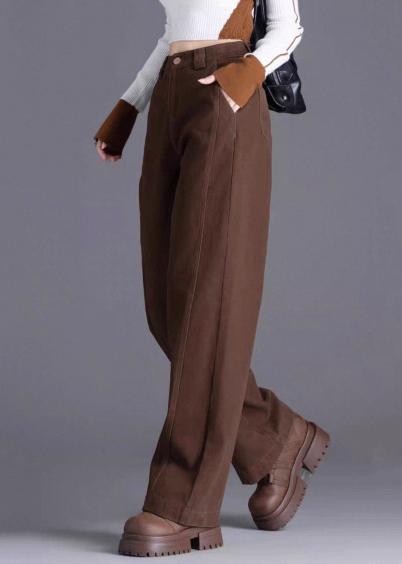 Coffee Pockets Denim Pants High Waist Spring