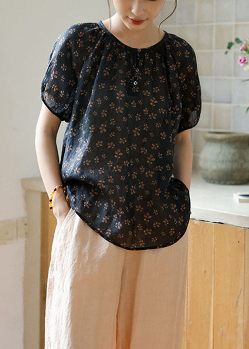 Italian Navy O-neck Button Print Linen T Shirt Summer