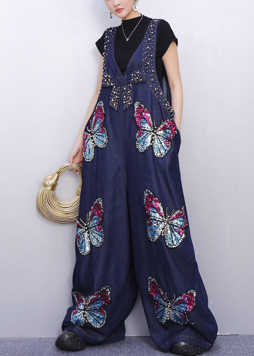 Navy Oversized Butterfly Sequins Denim Jumpsuits Spring