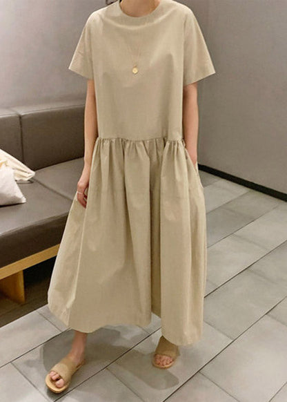 Diy Khaki O-neck Wrinkled Patchwork Cotton Long Dresses Short Sleeve