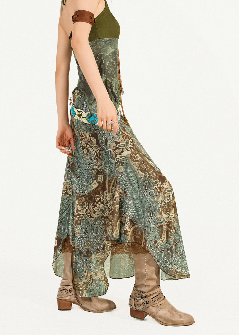 Green Print Top and Maxi Skirts Two Pieces Set Sleeveless