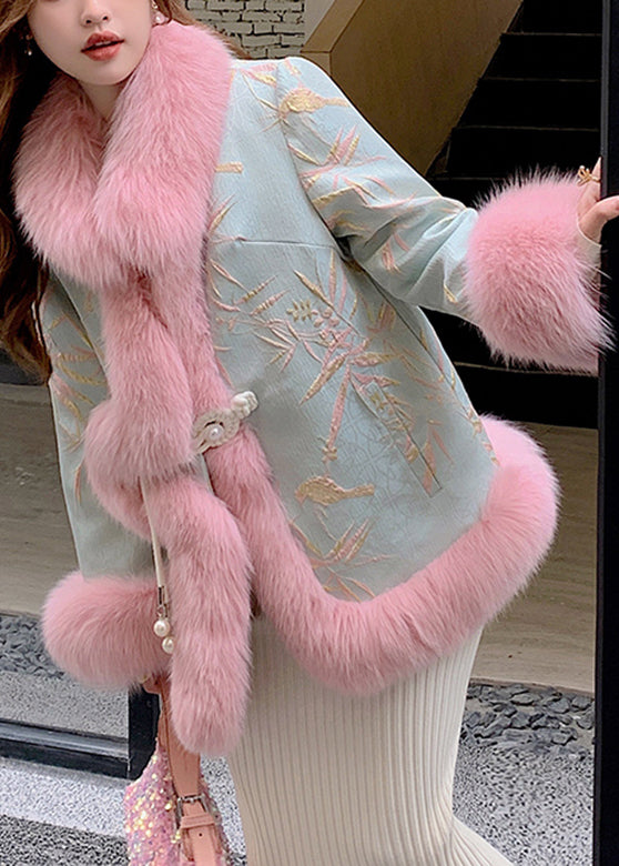 Pink Patchwork Button Leather and Fur Coats Long Sleeve