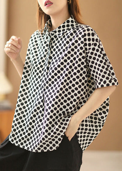 Black Dot Print Peter Pan Collar Cotton Shirts Short Sleeve