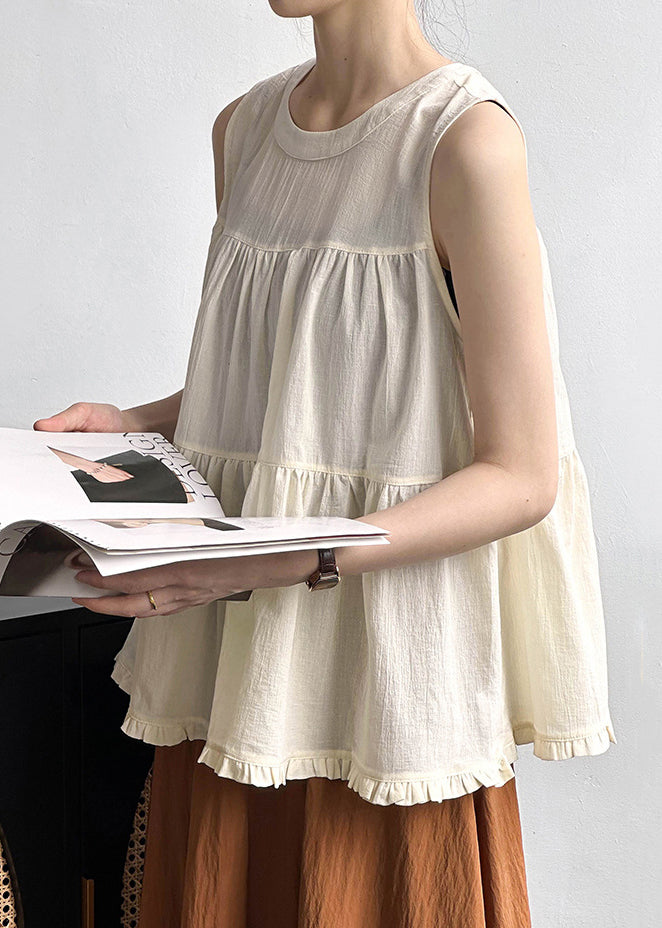 Beige Ruffled Cotton Tops O Neck Summer