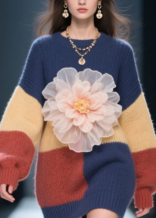 Diy Colorblock O Neck Patchwork Knitwear Dress Fall
