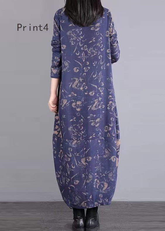 Print Patchwork Cotton Long Dresses V Neck Fall