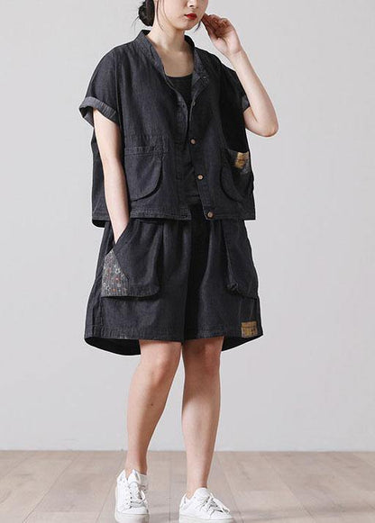 French Pockets Hot Pants Denim Black Short Sleeve Two Pieces Set