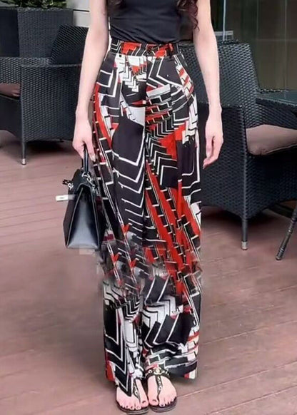 New Black Print Pockets Elastic Waist Pants Summer