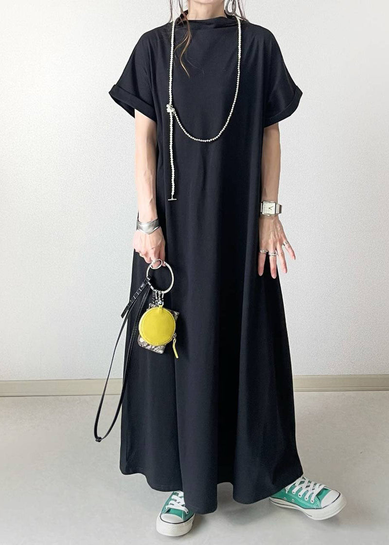 Black Hign Neck Patchwork Cotton Ankle Dress Batwing Sleeve