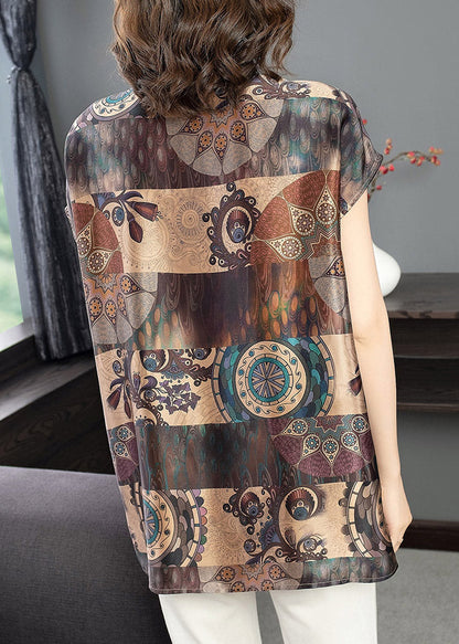 Loose Chocolate O-neck Print Side Open Silk Tops Short Sleeve