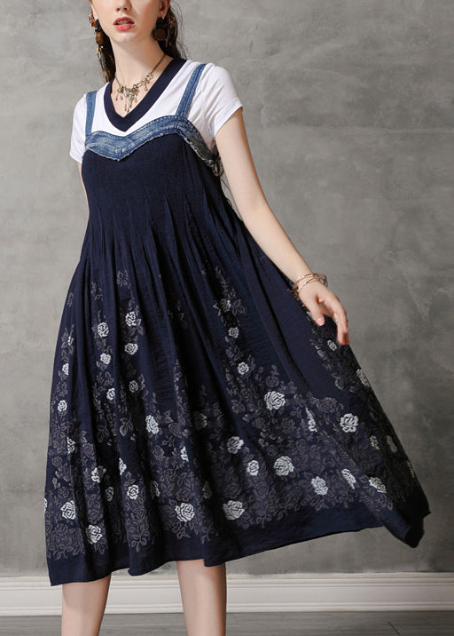 Fitted Navy Spaghetti Strap Print Patchwork Strapless Long Dress Summer