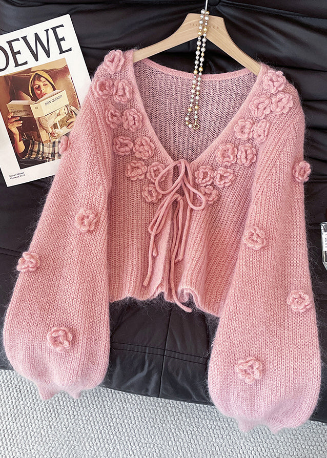 Pink V Neck Stereoscopic Knit Cardigans Fall