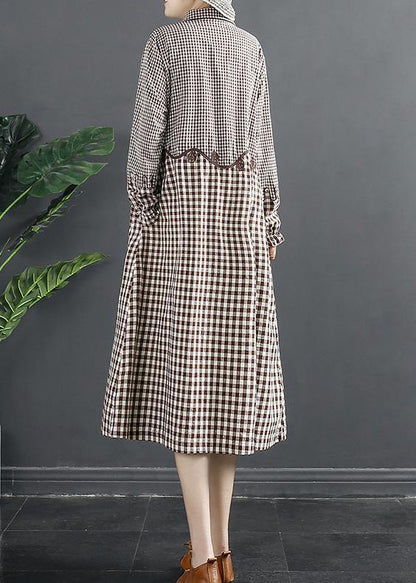 Natural Lapel Patchwork Wardrobes Work Outfits Brown Plaid Maxi Dresses