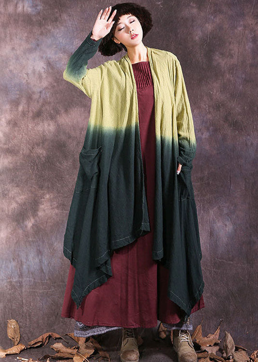Yellow Green Pockets Gradient Color Cotton Cardigan Spring