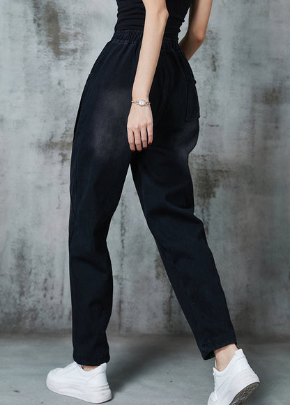 Black Pockets Warm Fleece Denim Pants Spring