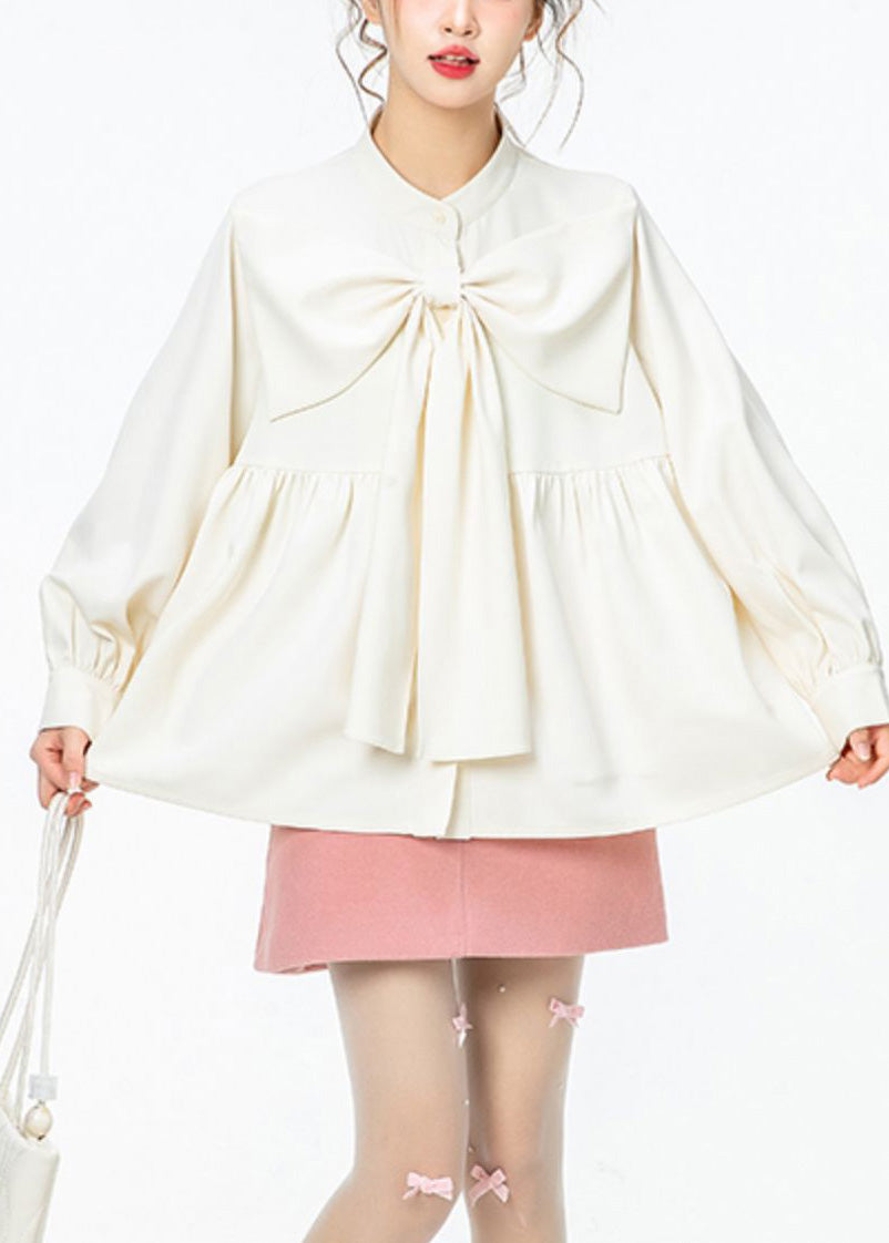 French White O-neck Wrinkled Bow Shirt Spring