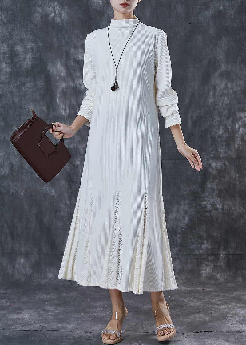 French White Stand Collar Patchwork Lace Knit Ankle Dress Spring