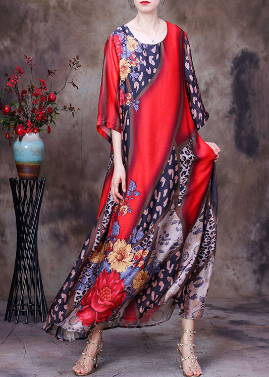 Red O-neck Print Side Open Silk Long Dress Short Sleeve