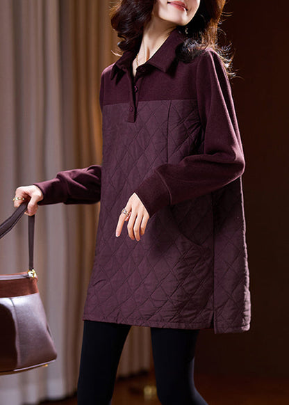 Wine Red Button Patchwork Cotton Filled Blouses Spring