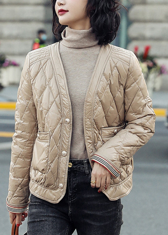 Khaki V Neck Pockets Duck Down Puffers Jackets Winter