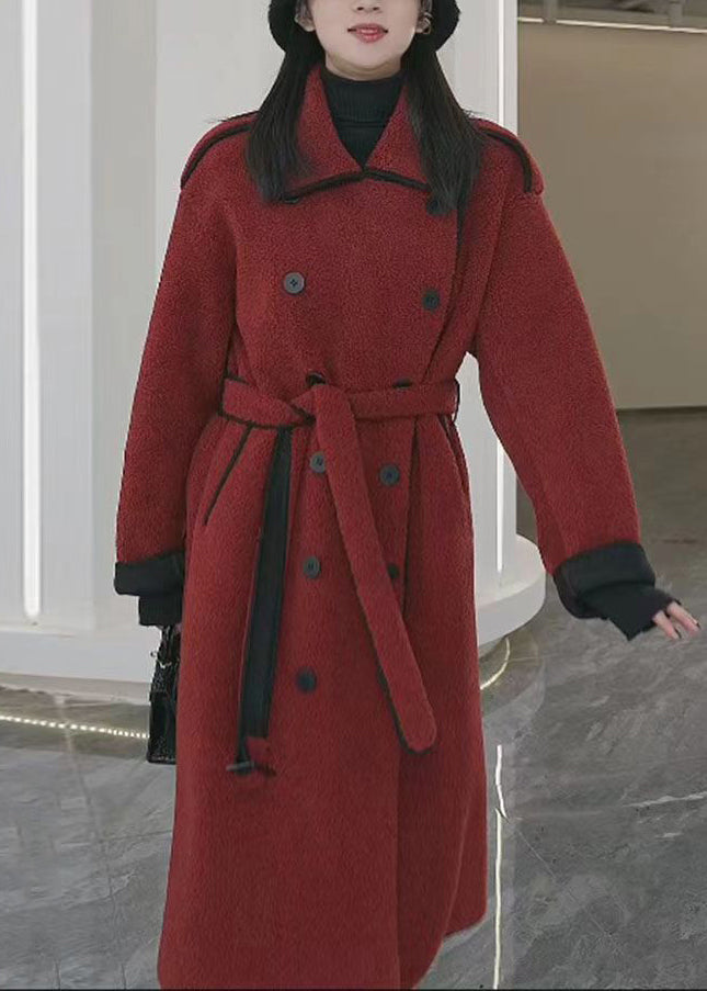 Rust Tie Waist Pockets Patchwork Thick Woolen Coats Winter