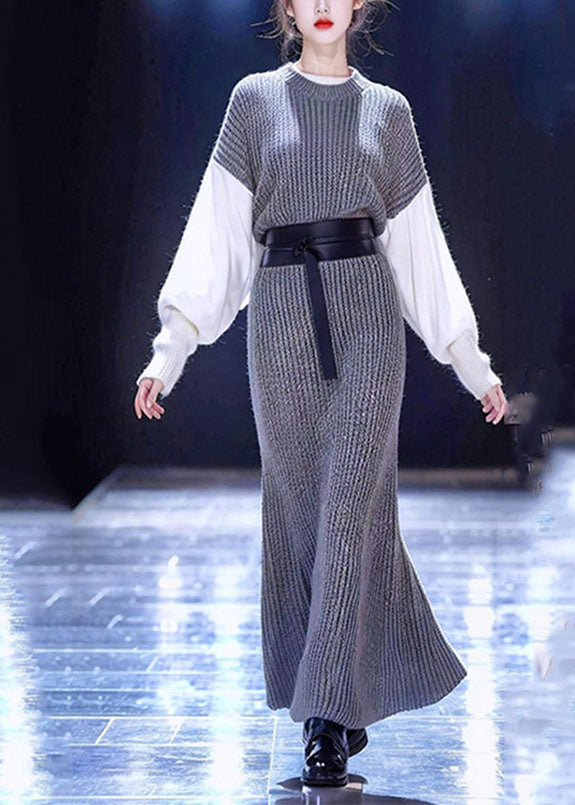 Grey O-neck Patchwork Tie Waist Cotton Knit Sweater Dress Long Sleeve