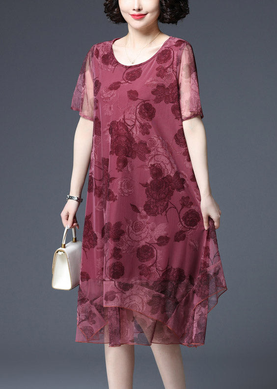 Red O-neck Print Tulle Vacation Dress Short Sleeve