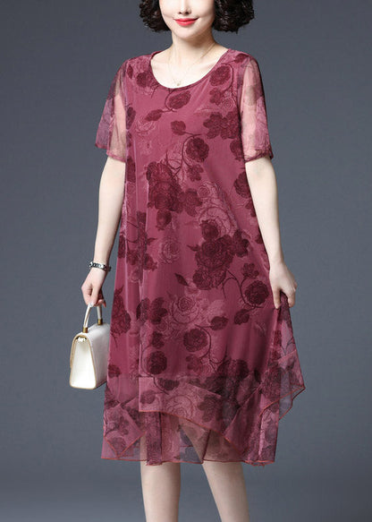 Red O-neck Print Tulle Vacation Dress Short Sleeve