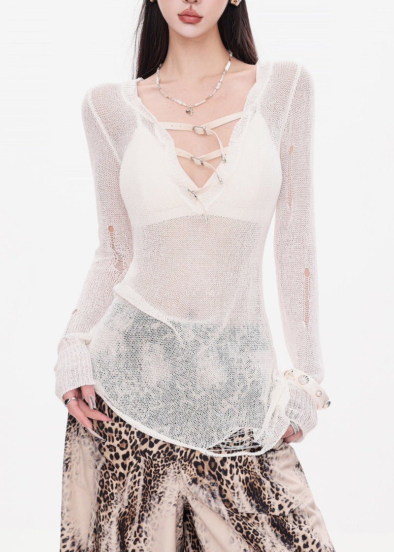 White Hollow Out Knit Top Spring
