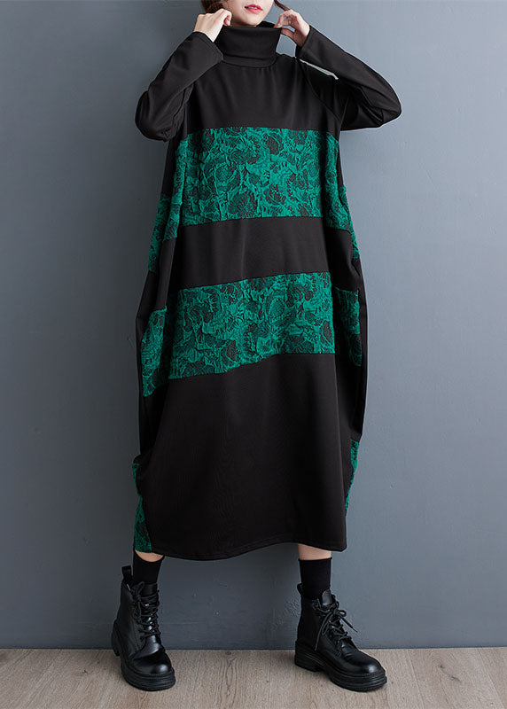 Green Turtleneck Patchwork Print Pockets Maxi Dresses Fall